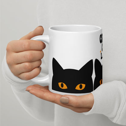 Crazy Cat Lady Peeking Black Cat Glossy White Coffee Mug by Spinsterly Co, glossy ceramic with peeking cat eyes