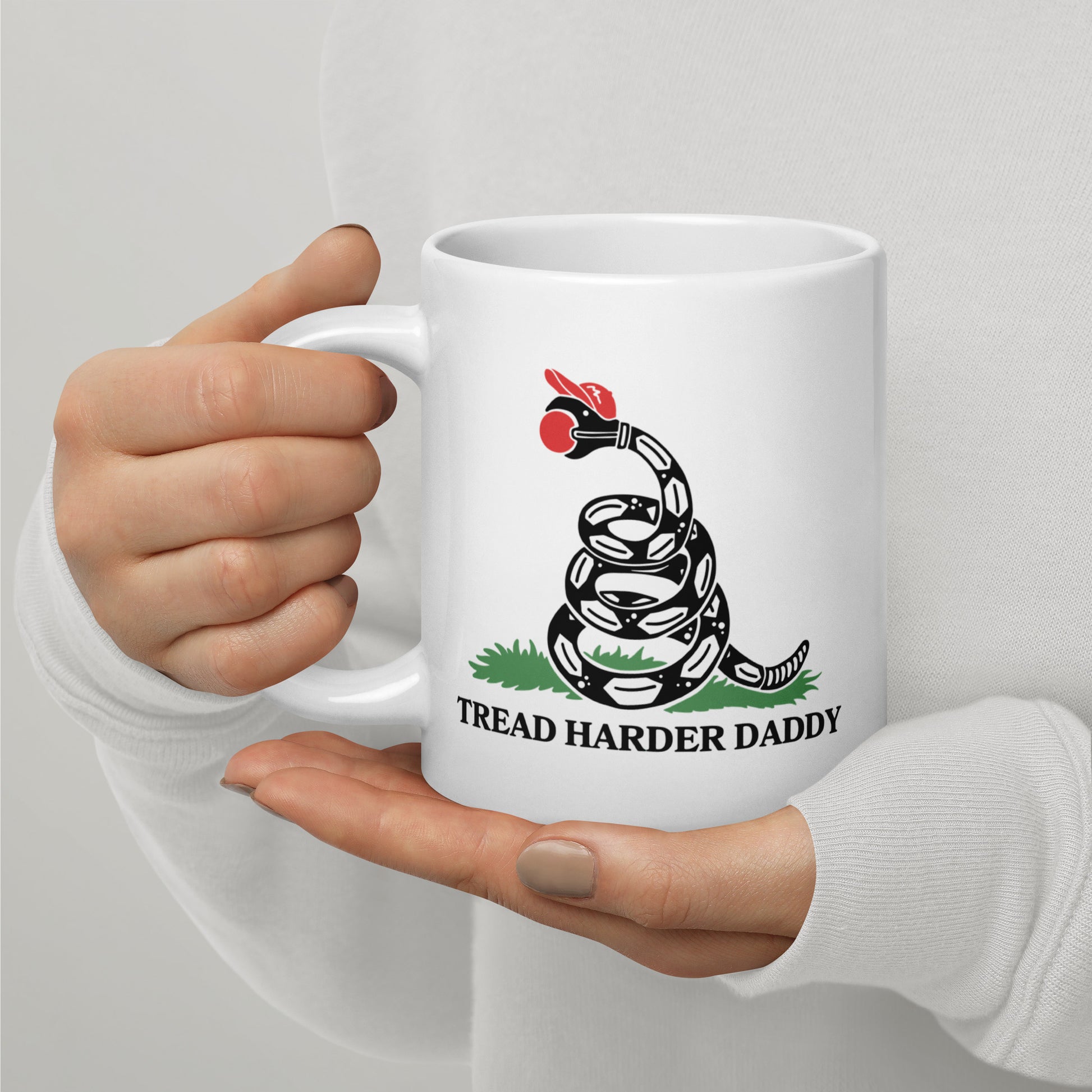 Tread Harder Daddy Coiled Snake Parody White Glossy Mug Spinsterly Co white ceramic mug with glossy finish