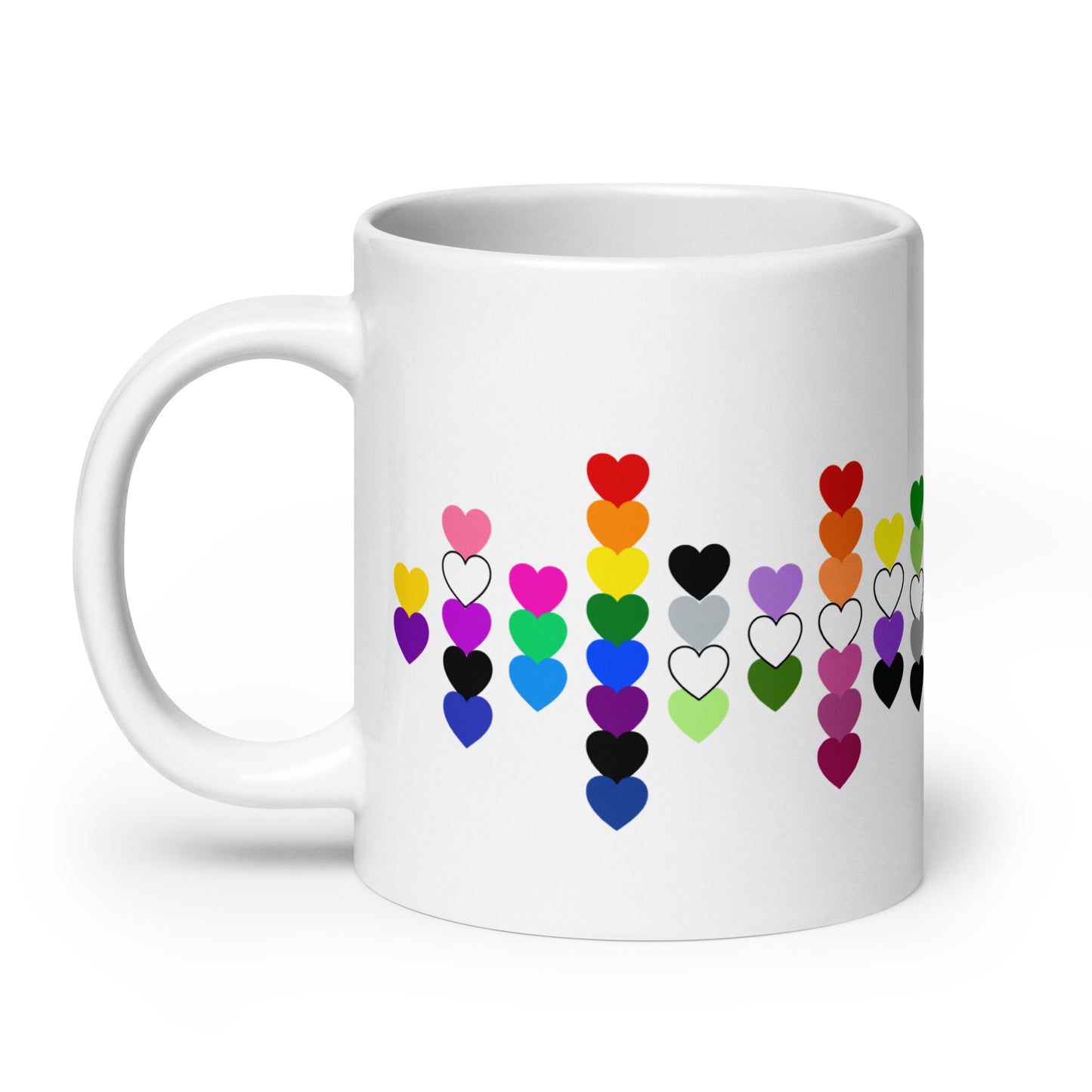 LGBTQIA Pride Flag Hearts White Glossy Mug by Spinsterly Co with colorful heart scatter design