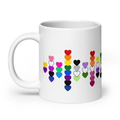 LGBTQIA Pride Flag Hearts White Glossy Mug by Spinsterly Co with colorful heart scatter design