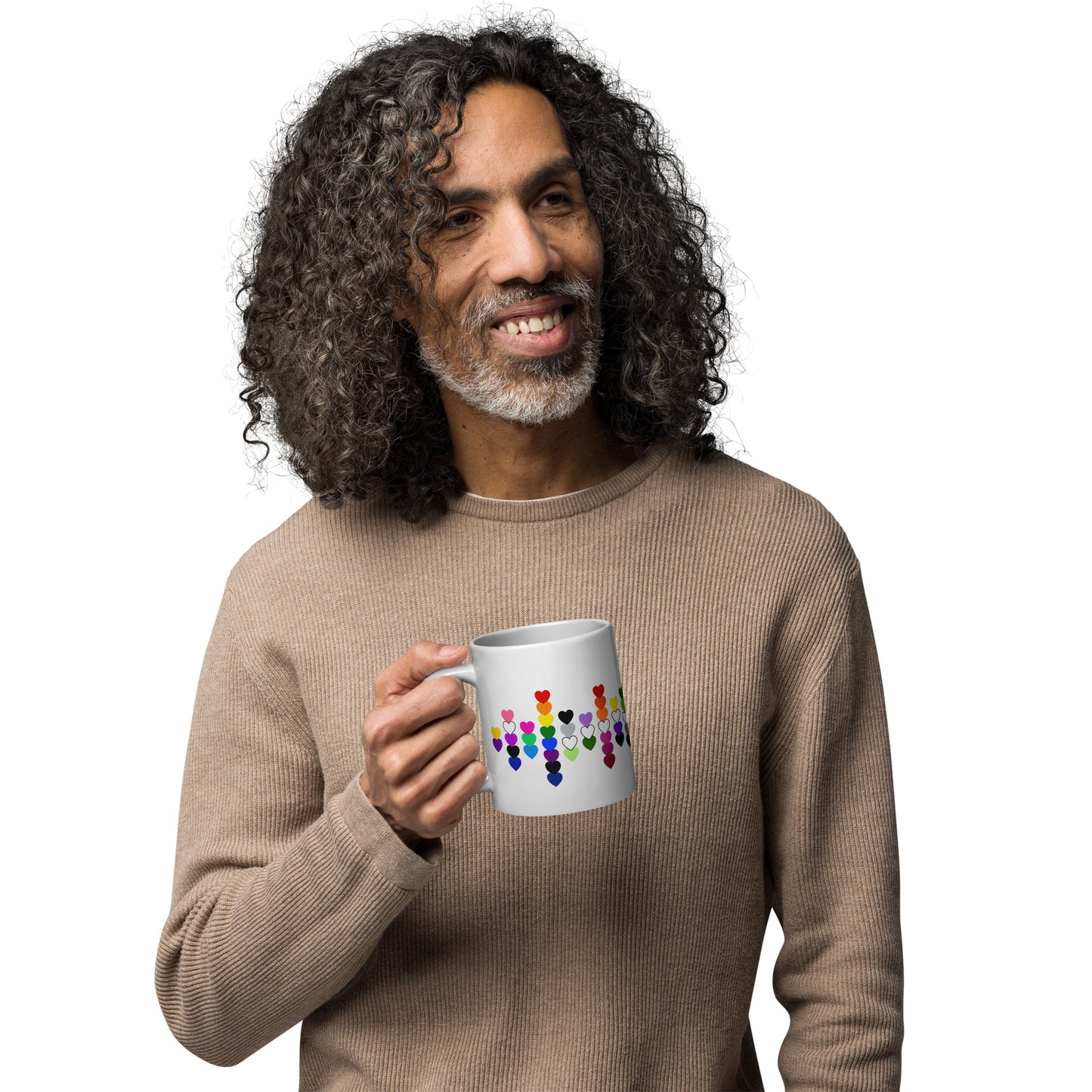 LGBTQIA Pride Flag Hearts White Glossy Mug by Spinsterly Co, glossy ceramic with heart scatter design