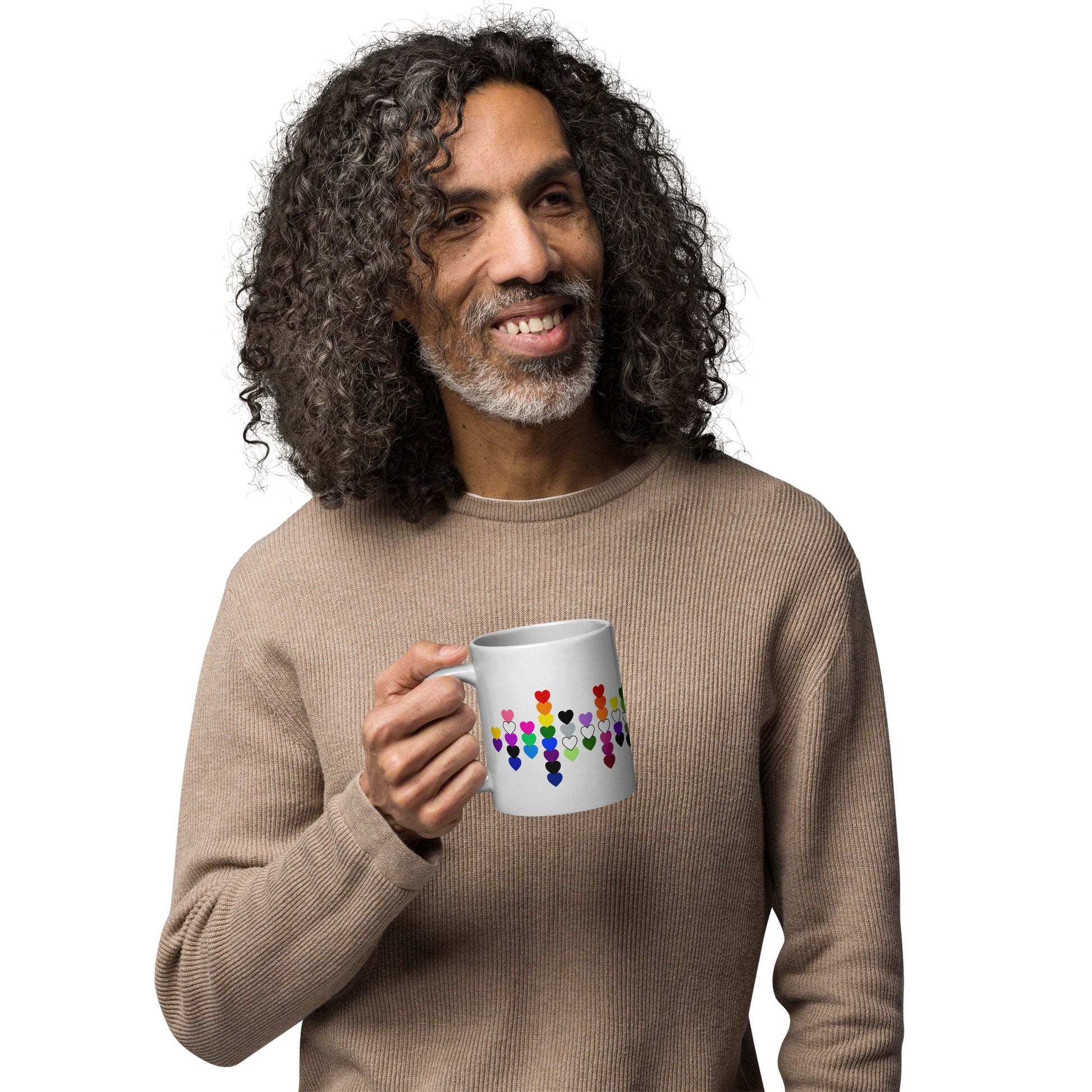 LGBTQIA Pride Flag Hearts White Glossy Mug by Spinsterly Co, glossy ceramic with heart scatter design