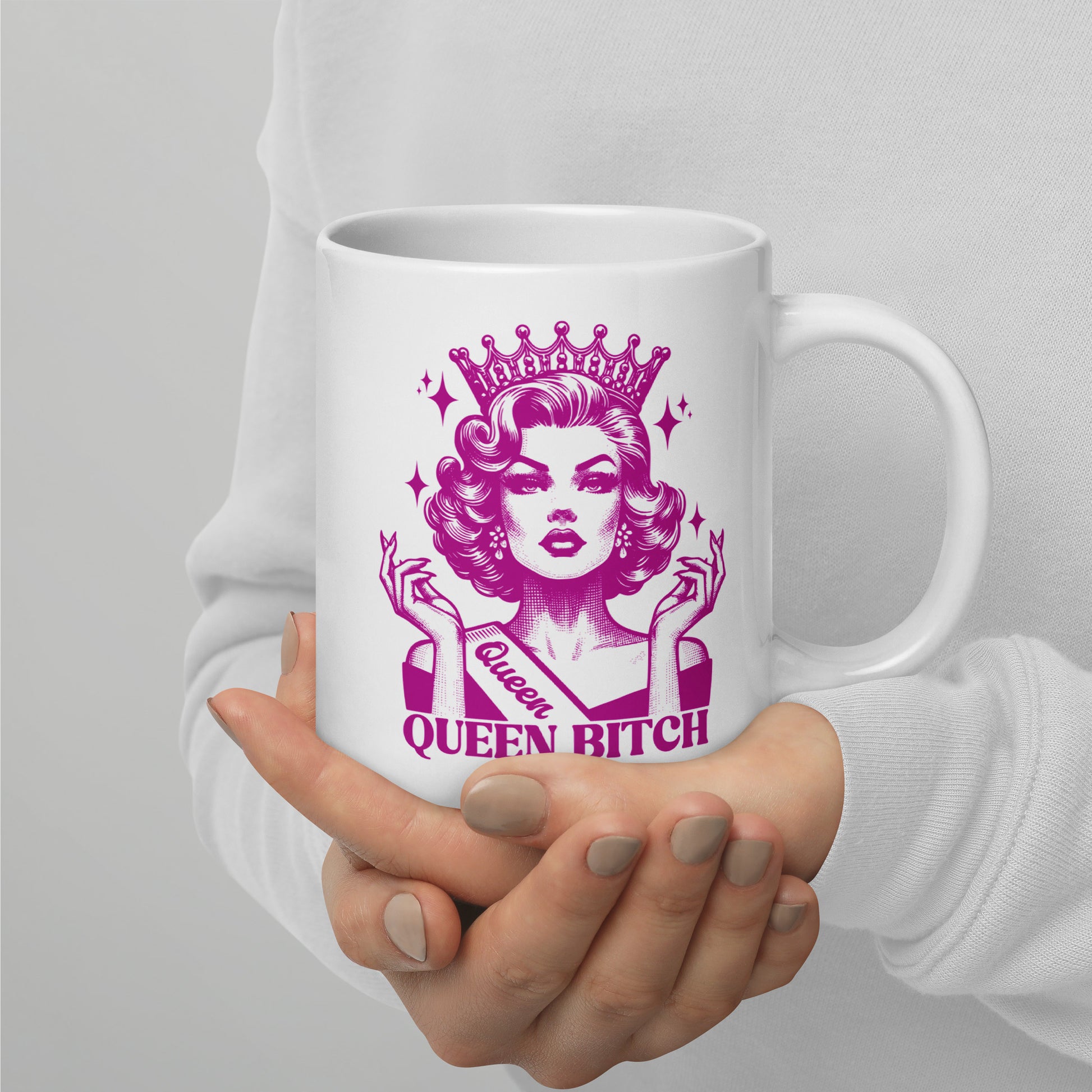 Queen Bitch White Glossy Coffee Mug Spinsterly Co ceramic mug with crowned queen pink illustration