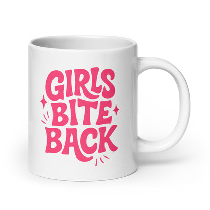Girls Bite Back Glossy White Coffee Mug by Spinsterly Co, glossy white ceramic with pink feminist text