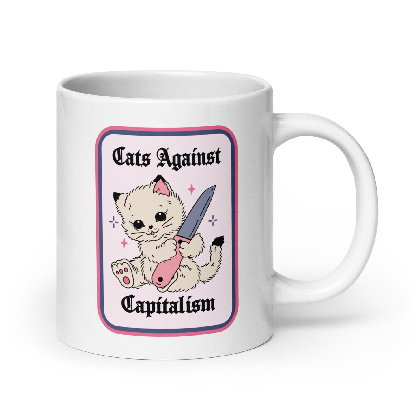 Cats Against Capitalism Glossy White Coffee Mug Spinsterly Co ceramic mug with protest cat illustration and knife cat
