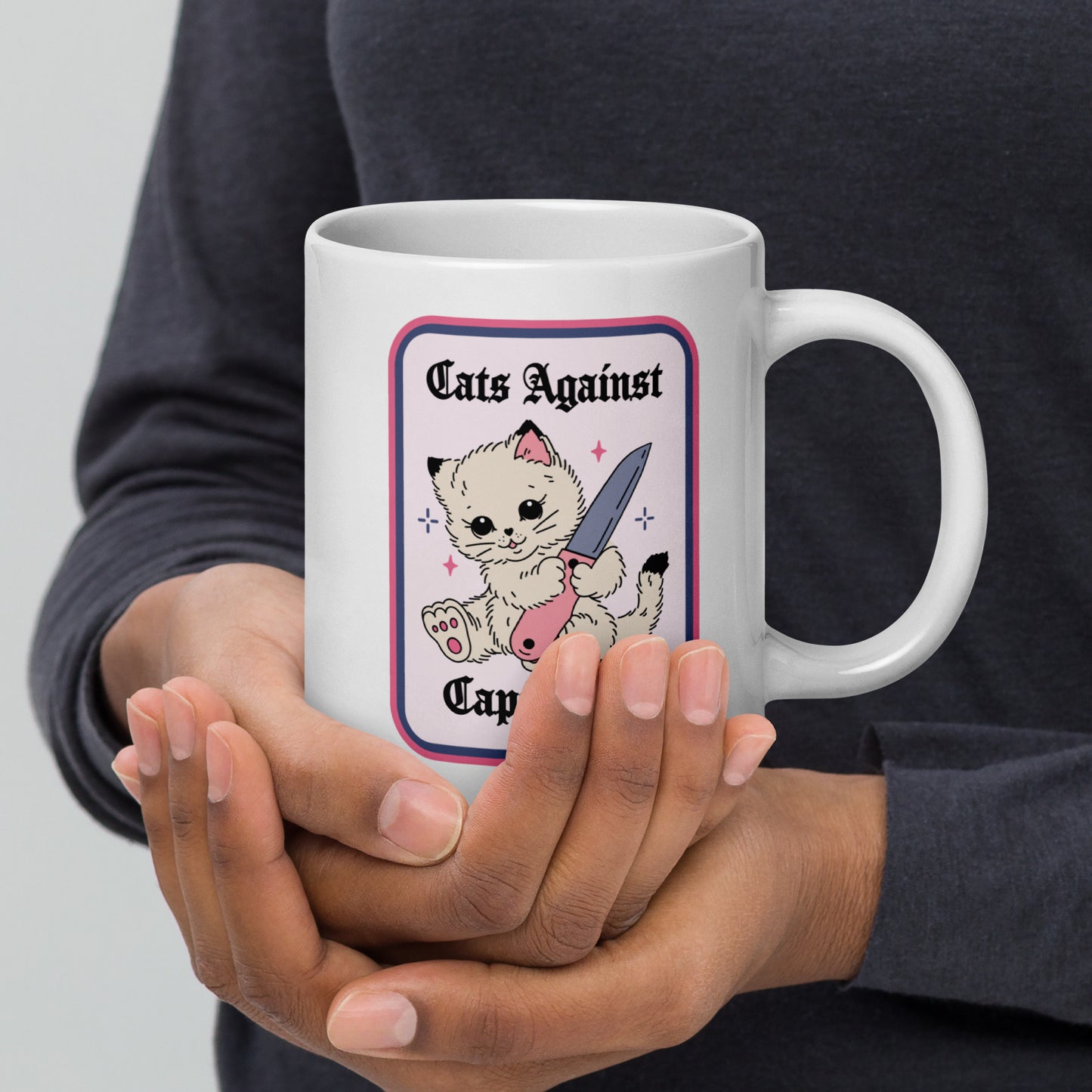 Cats Against Capitalism Glossy White Coffee Mug by Spinsterly Co, double sided protest cat illustration