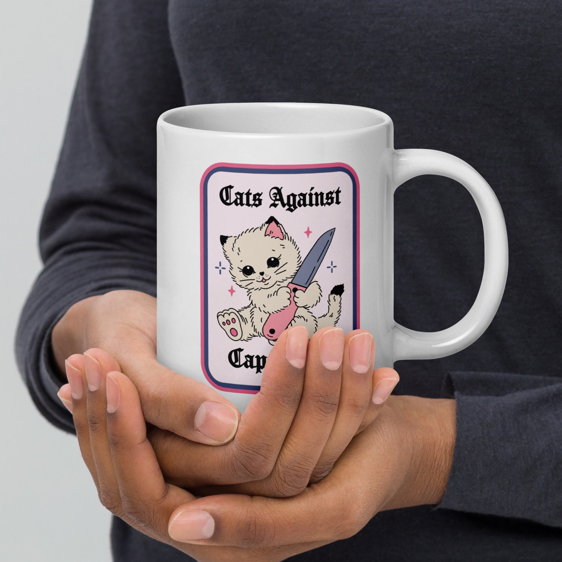 Cats Against Capitalism Glossy White Coffee Mug by Spinsterly Co, double sided protest cat illustration