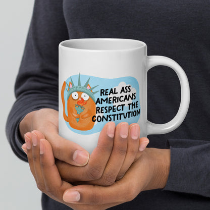 Real Ass Americans Respect the Constitution glossy white coffee mug by Spinsterly Co with double sided cat graphic