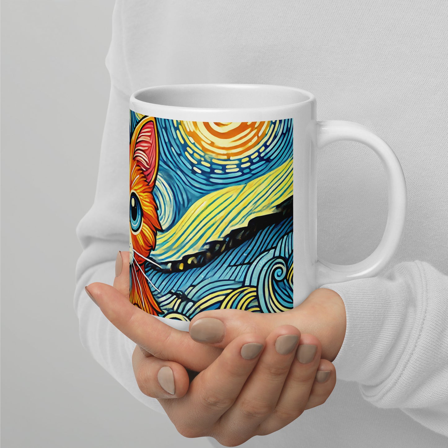 Starry Night Cat Glossy White Coffee Mug by Spinsterly Co, glossy ceramic with wrap around cat night sky art