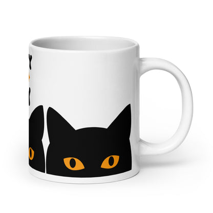 Crazy Cat Lady Peeking Black Cat Glossy White Coffee Mug by Spinsterly Co with peeking cat eyes graphic