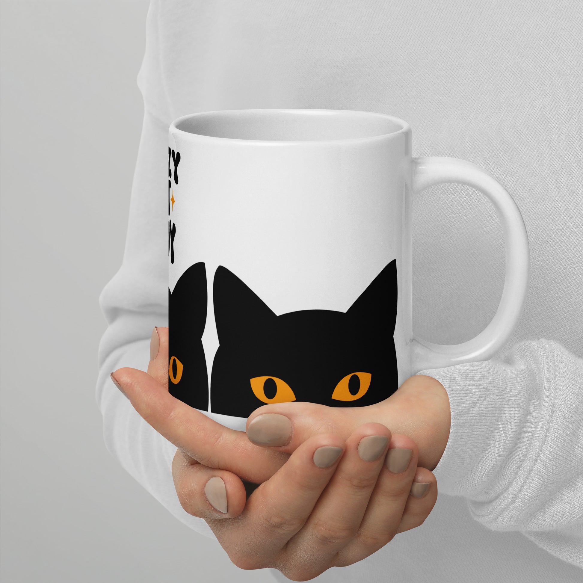 Crazy Cat Lady Peeking Black Cat Glossy White Coffee Mug by Spinsterly Co, glossy ceramic with peeking cat eyes