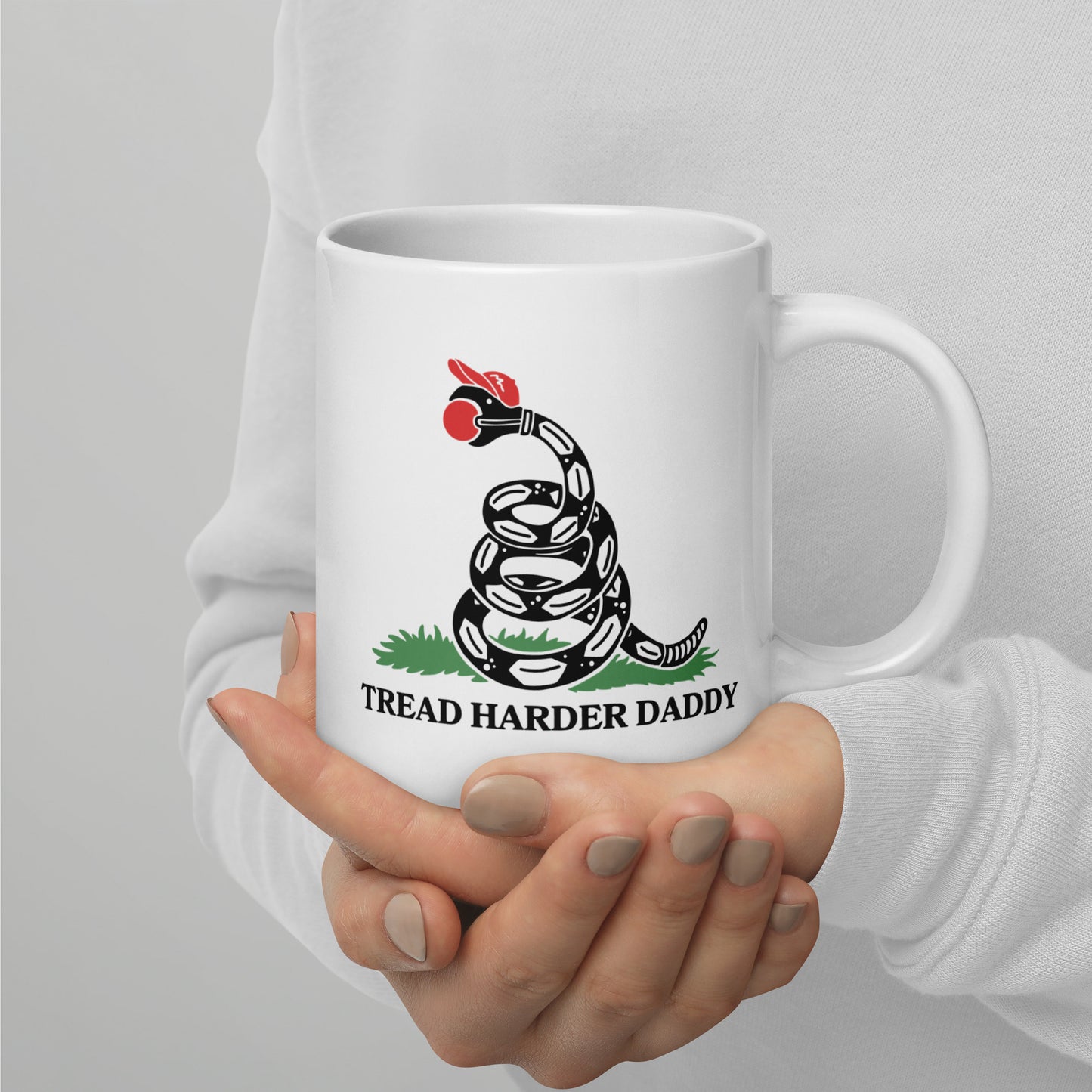 Tread Harder Daddy Coiled Snake Parody White Glossy Mug by Spinsterly Co, glossy white ceramic with snake graphic