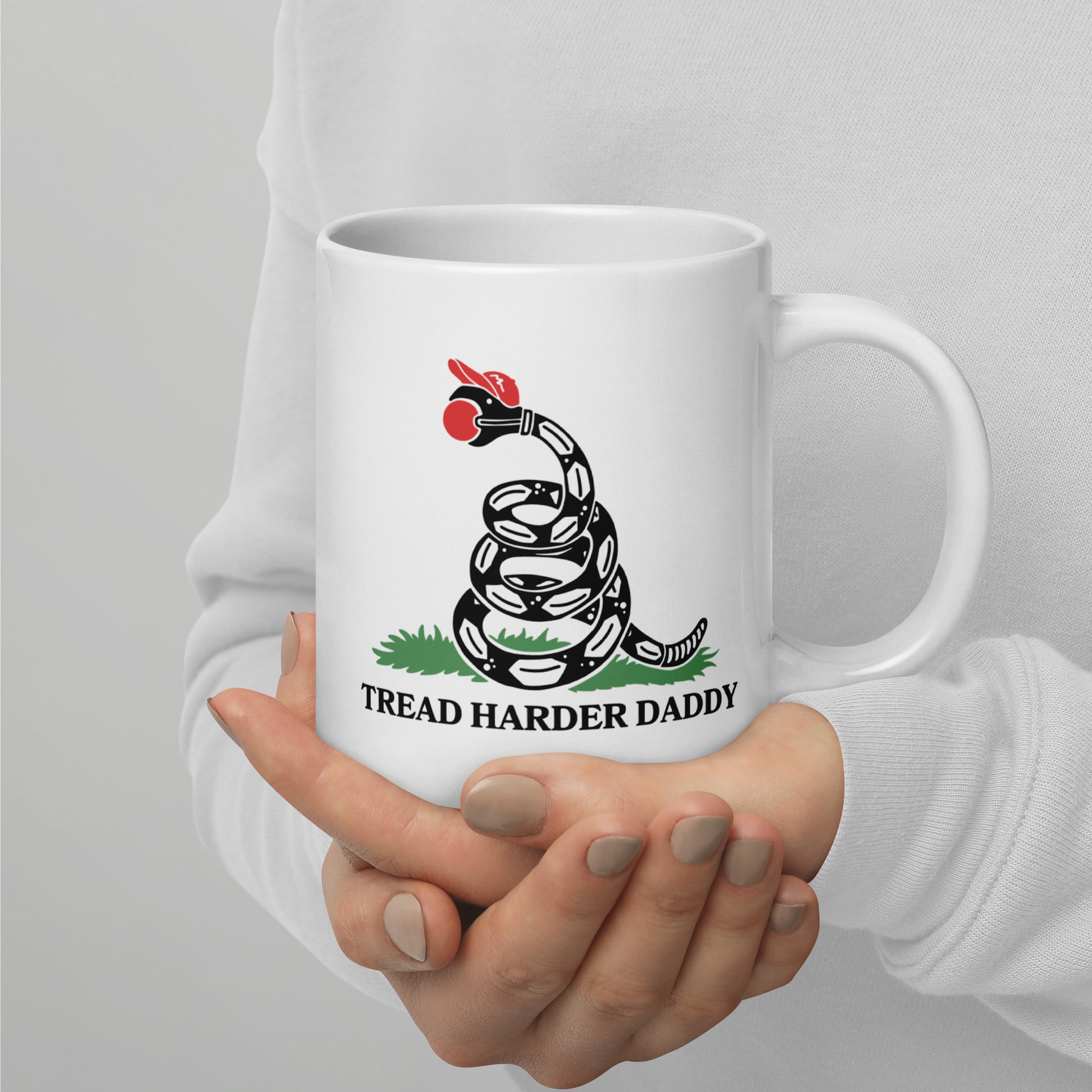 Tread Harder Daddy Coiled Snake Parody White Glossy Mug by Spinsterly Co, glossy white ceramic with snake graphic