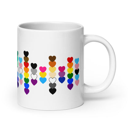 LGBTQIA Pride Flag Hearts White Glossy Mug by Spinsterly Co, ceramic mug with colorful heart scatter