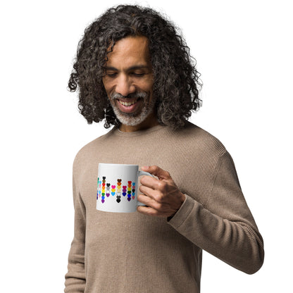 LGBTQIA Pride Flag Hearts White Glossy Mug by Spinsterly Co, glossy ceramic with heart scatter design