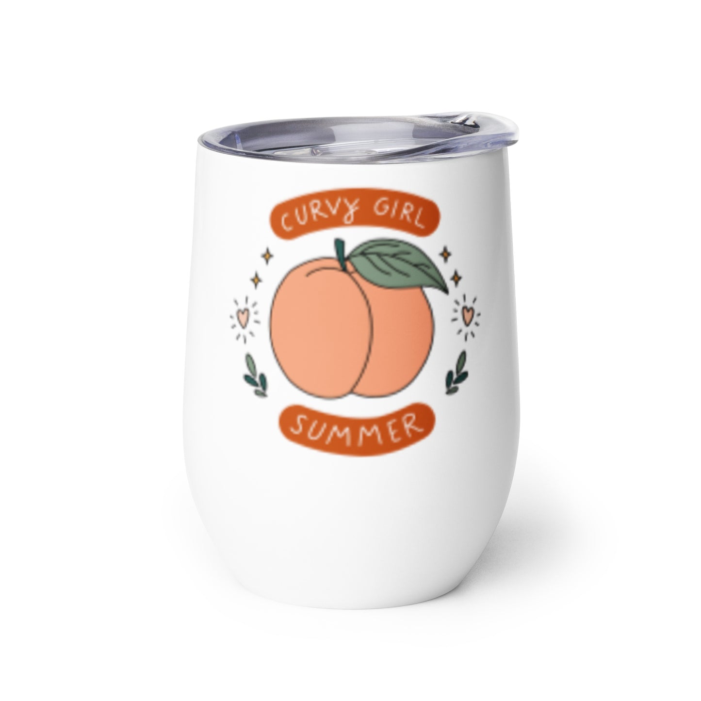 Curvy Girl Summer Wine Tumbler by Spinsterly Co, white insulated stemless cup with peach fruit print