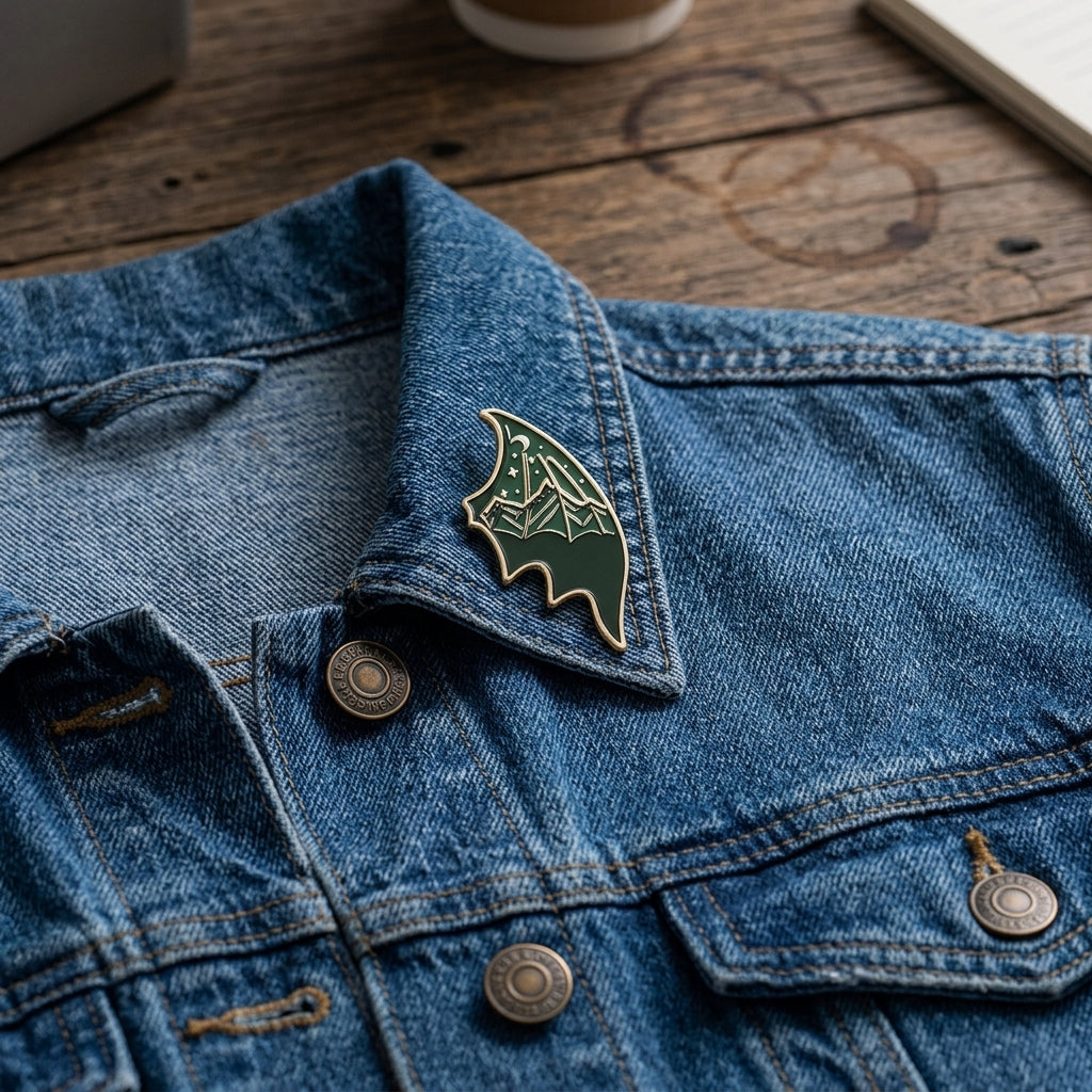 A close-up of a blue denim jacket with a green and gold bat-shaped enamel pin pinned to the collar, set on a rustic wooden tabletop.