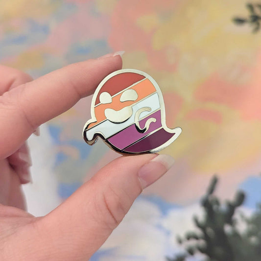 Gaysper Friends Hard Enamel Pride Pins by Cunning Linguist Co, silver metal ghost design in pride colors