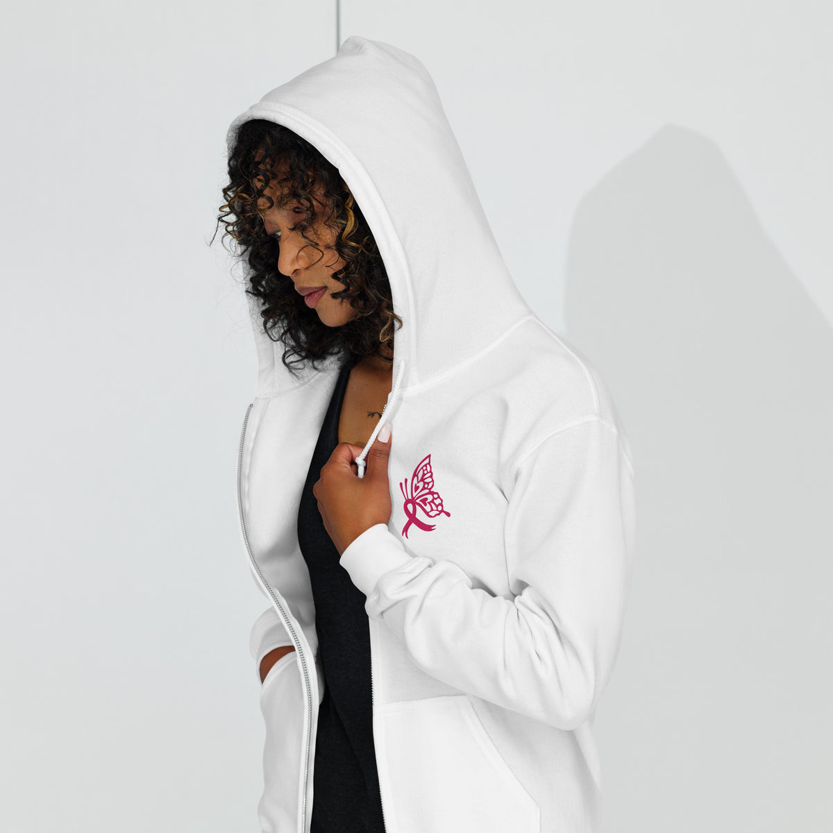 Breast Cancer Awareness Embroidered Zip Hoodie | Pink Butterfly Ribbon | Spinsterly Co - Spinsterly Co