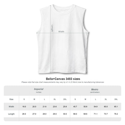 White sleeveless shirt with measurement chart on a white background