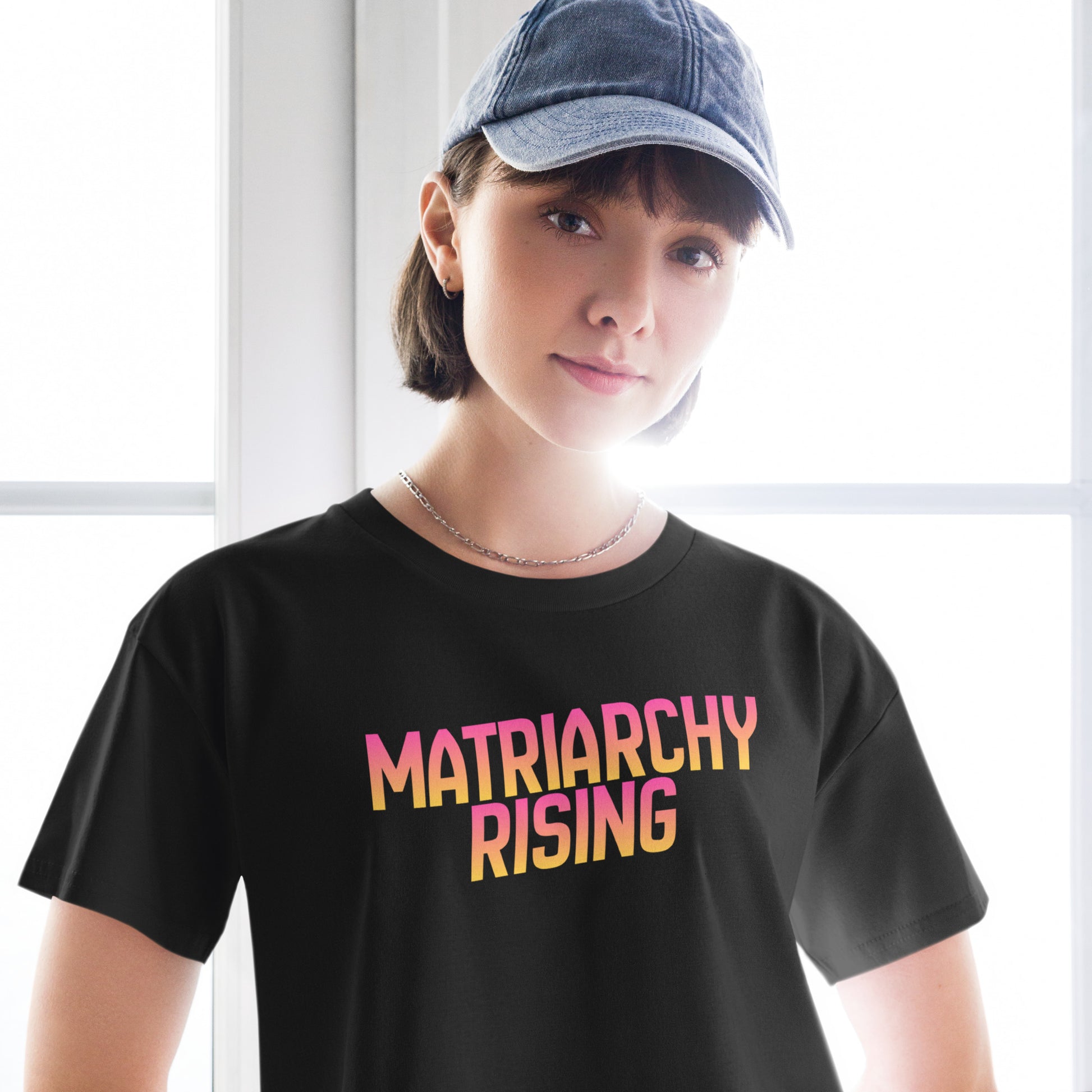 Matriarchy Rising Crop Top Spinsterly Co cropped feminist tee black with DTG printed sunrise lettering