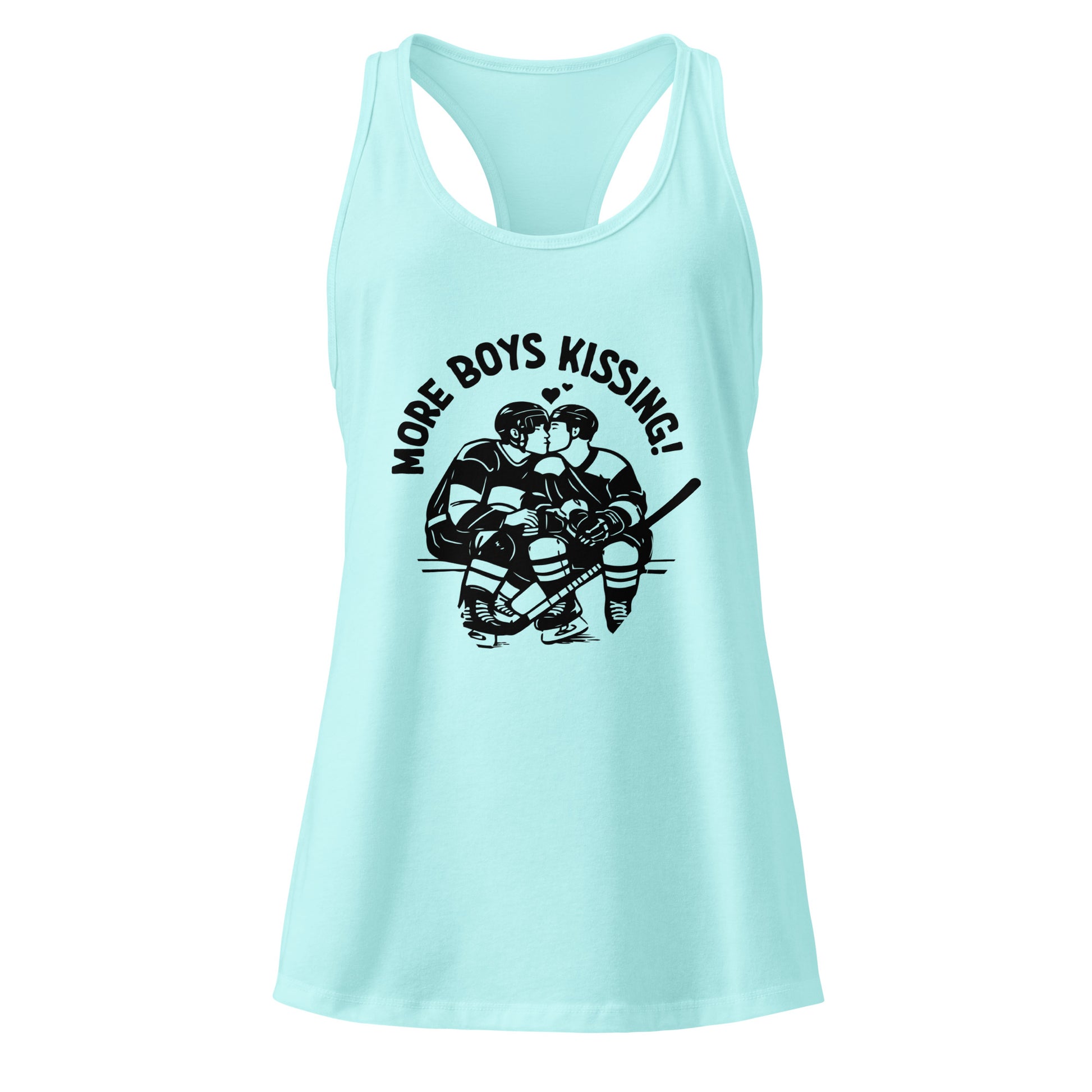 More Boys Kissing Racerback Tank Top by Spinsterly Co in Tahiti Blue with soft breathable jersey fabric
