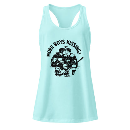 More Boys Kissing Racerback Tank Top by Spinsterly Co in Tahiti Blue with soft breathable jersey fabric
