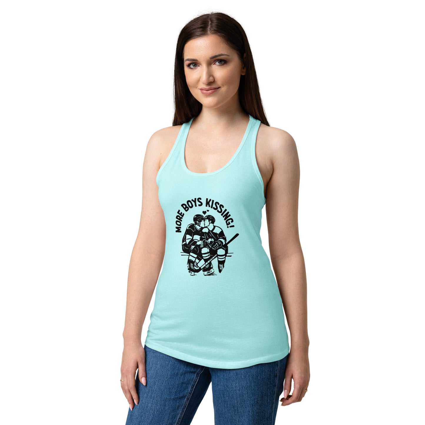 More Boys Kissing Racerback Tank Top by Spinsterly Co in Tahiti Blue with scoop neck and racerback cut