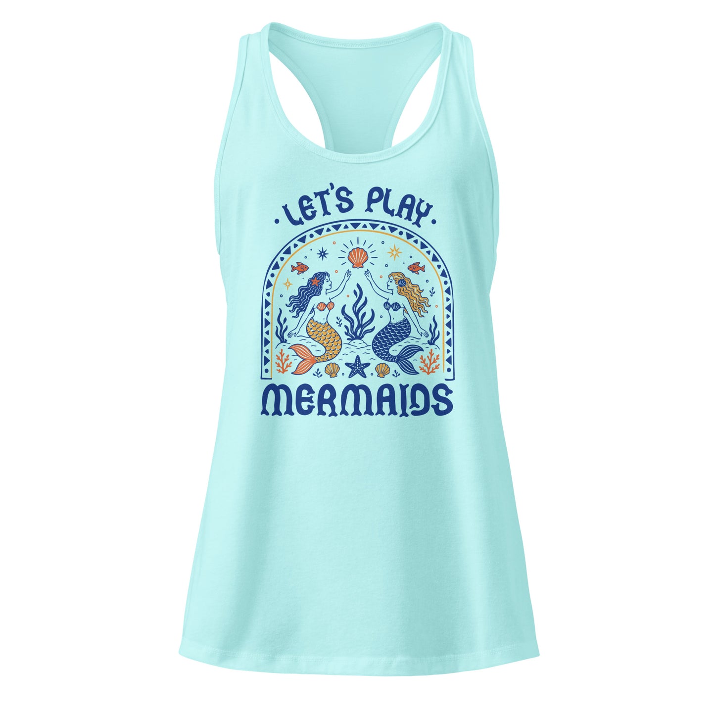 Let's Play Mermaids Racerback Tank Ocean Graphic Summer Tank Top by Spinsterly Co in Tahiti Blue with mermaids print
