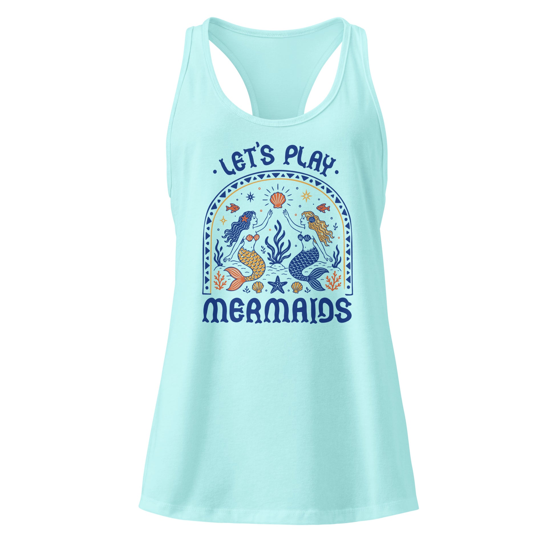 Let's Play Mermaids Racerback Tank Ocean Graphic Summer Tank Top by Spinsterly Co in Tahiti Blue with mermaids print