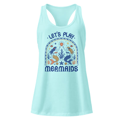 Let's Play Mermaids Racerback Tank Ocean Graphic Summer Tank Top by Spinsterly Co in Tahiti Blue with mermaids print