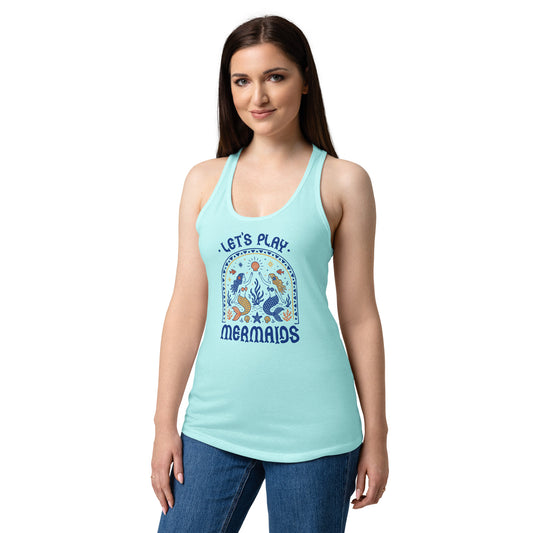 Let's Play Mermaids Racerback Tank by Spinsterly Co in Tahiti Blue with all over mermaids ocean graphic