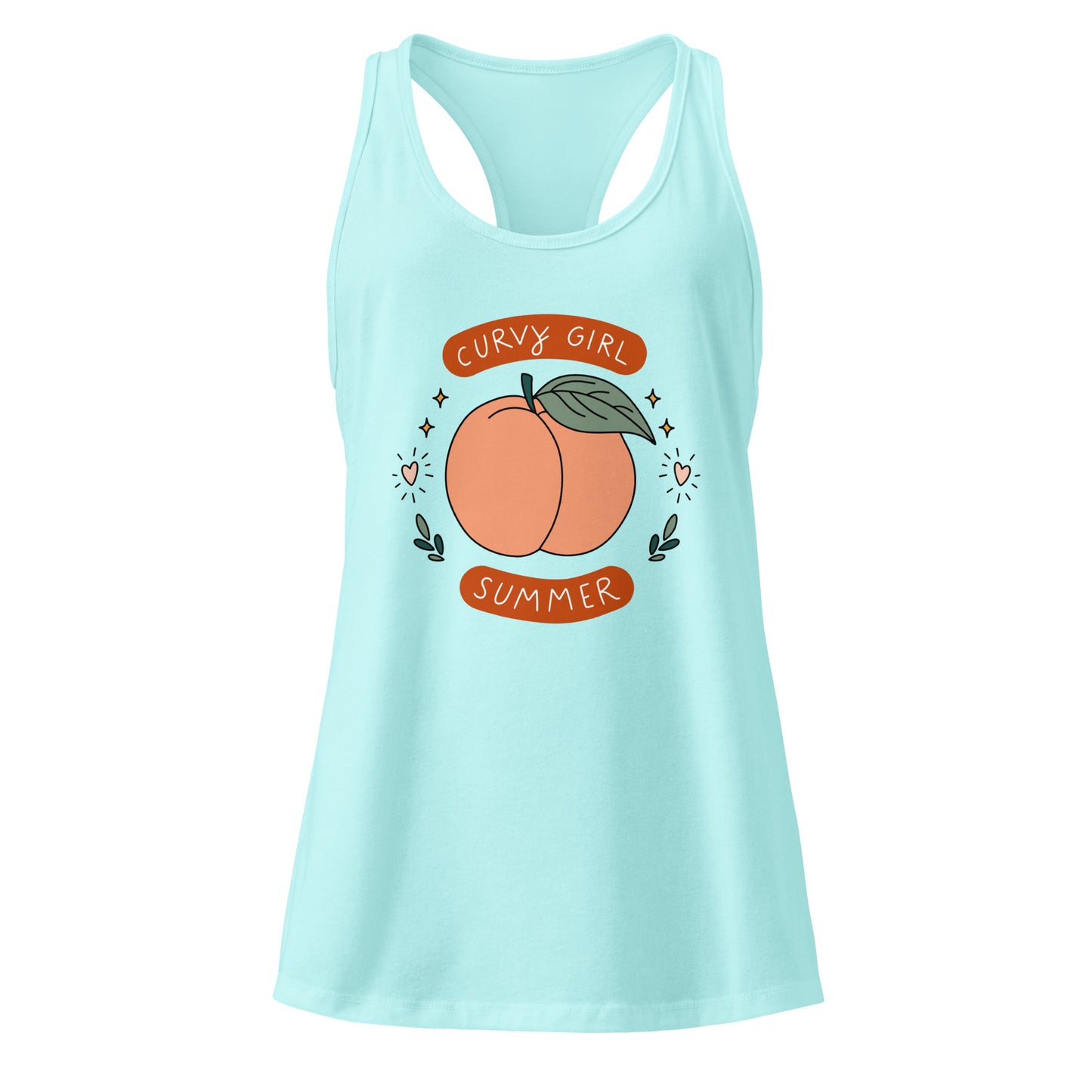 Curvy Girl Summer Racerback Tank by Spinsterly Co in Tahiti Blue with hand-drawn peach graphic lettering