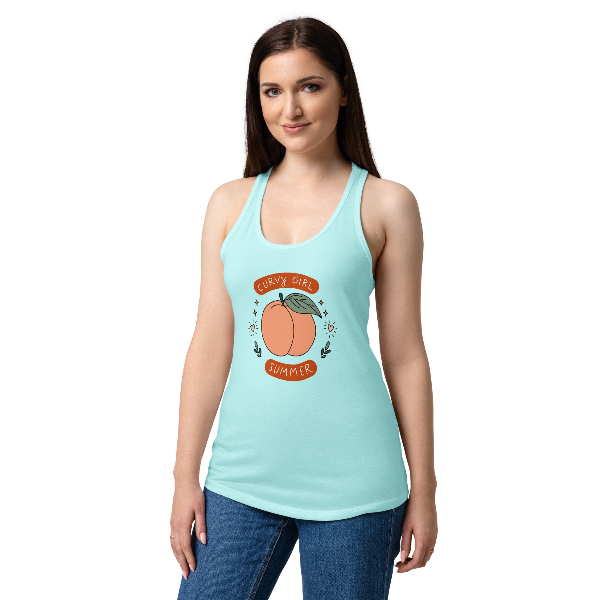 Curvy Girl Summer Racerback Tank Spinsterly Co women tank in Tahiti Blue with hand-drawn peach graphic lettering
