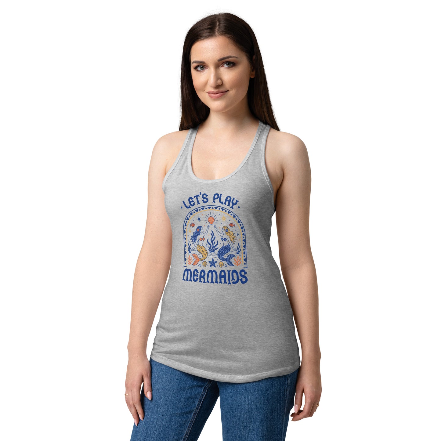 Let's Play Mermaids Racerback Tank Ocean Graphic Summer Tank Top by Spinsterly Co in heather gray with ocean print