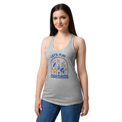 Let's Play Mermaids Racerback Tank Ocean Graphic Summer Tank Top by Spinsterly Co in heather gray with ocean print