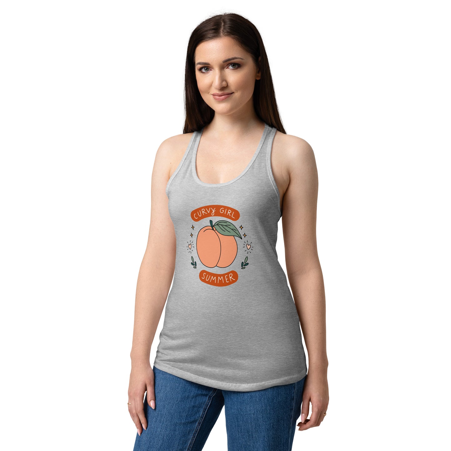 Curvy Girl Summer Racerback Tank Spinsterly Co body-positive graphic tank top heather gray with peach lettering