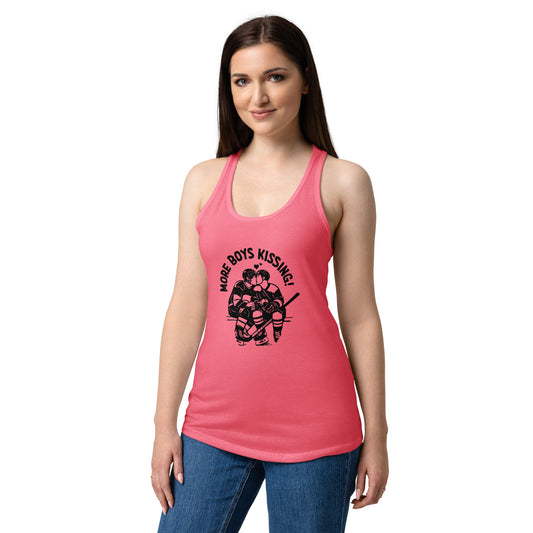 More Boys Kissing Racerback Tank Top by Spinsterly Co in Hot Pink with soft jersey fabric and hockey print