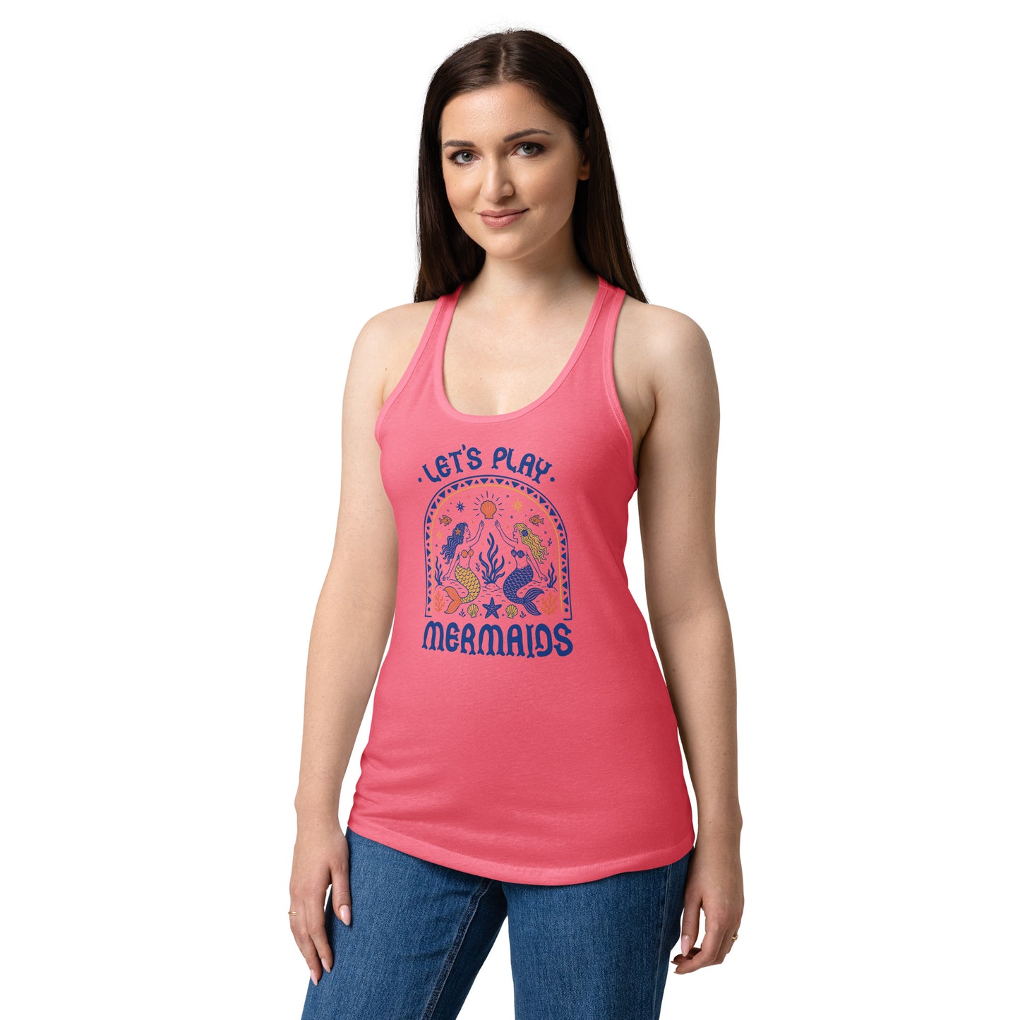 Let's Play Mermaids Racerback Tank Ocean Graphic Summer Tank Top Spinsterly Co pink mermaid print jersey racerback