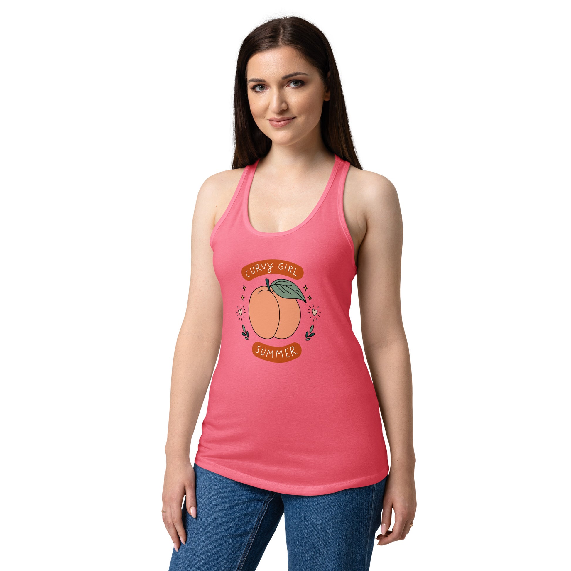 Curvy Girl Summer Racerback Tank Spinsterly Co pink jersey with hand-drawn peach graphic and bold lettering