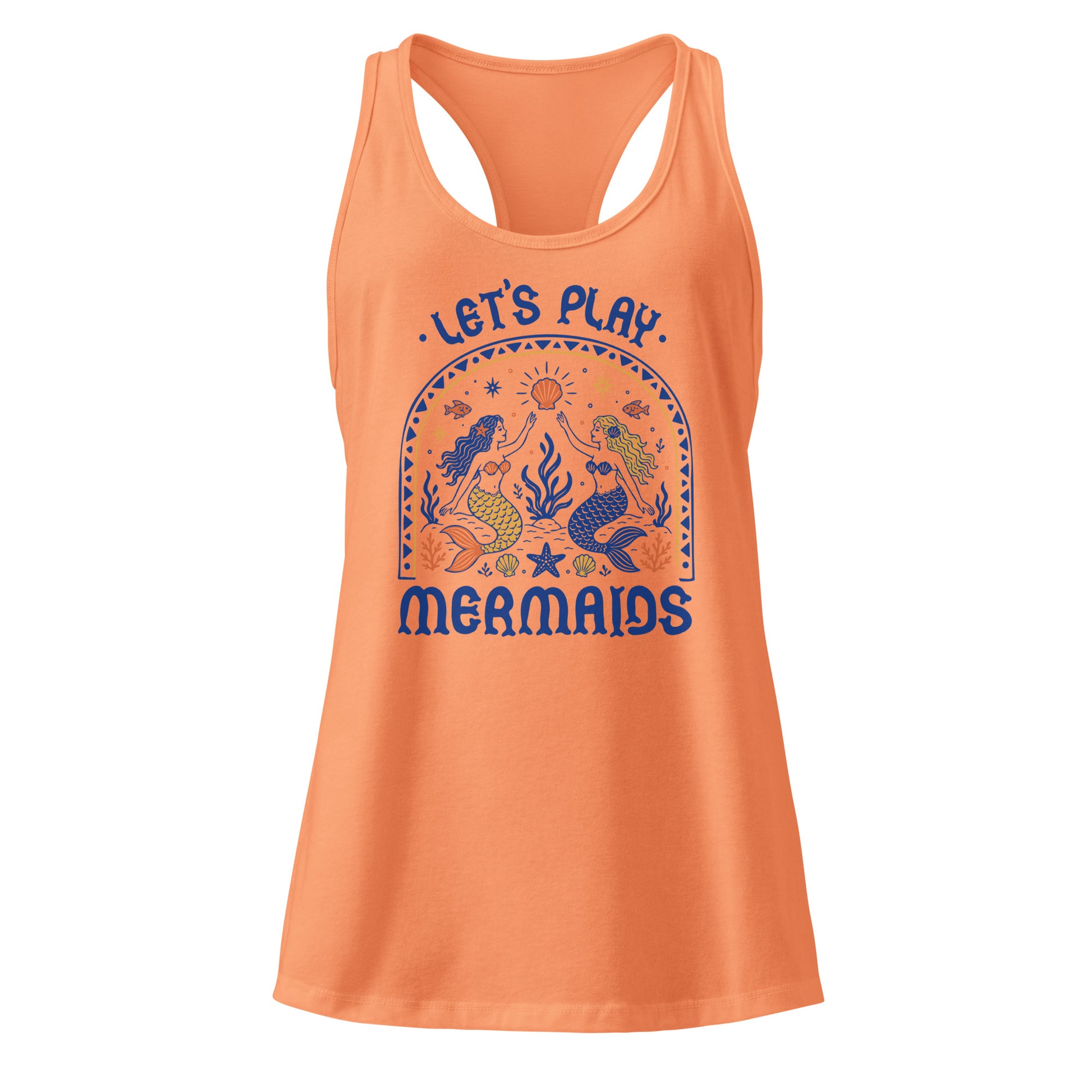 Let's Play Mermaids Racerback Tank Ocean Graphic Summer Tank Top by Spinsterly Co in light orange jersey with mermaids