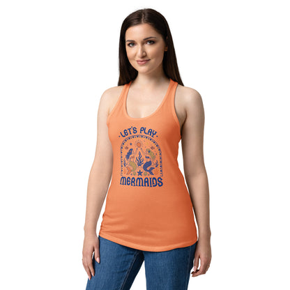 Let's Play Mermaids Racerback Tank Ocean Graphic Summer Tank Top by Spinsterly Co in Light Orange with mermaid print