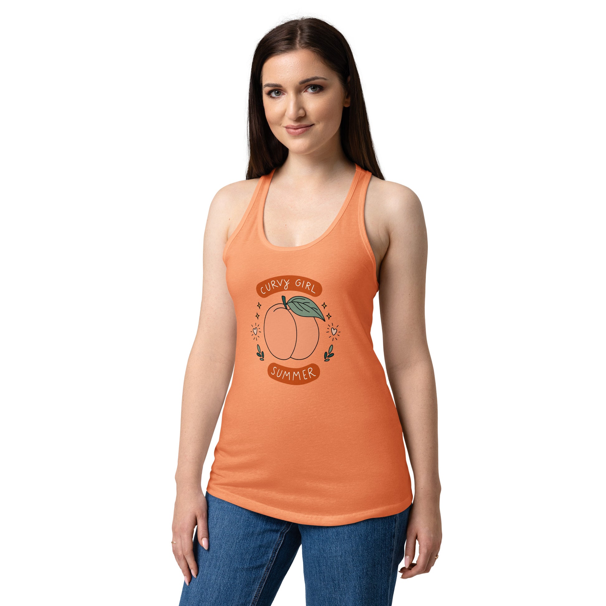 Curvy Girl Summer Racerback Tank by Spinsterly Co in Light Orange with hand-drawn peach graphic lettering