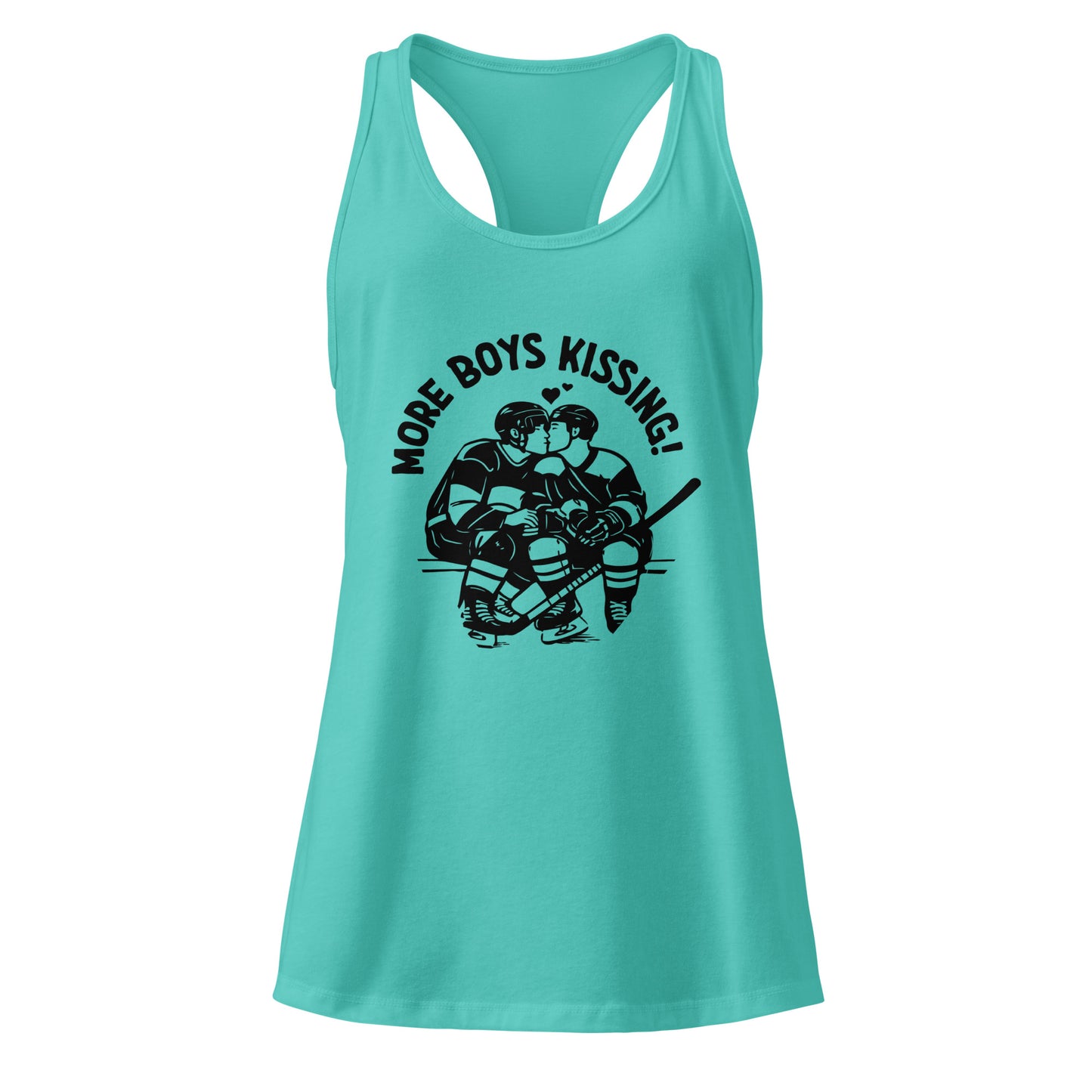More Boys Kissing Racerback Tank Top by Spinsterly Co in Tahiti Blue with soft breathable jersey fabric