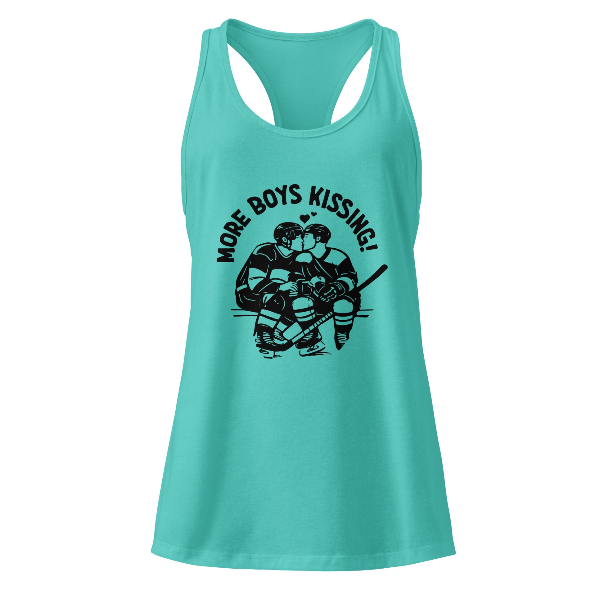 More Boys Kissing Racerback Tank Top by Spinsterly Co in Tahiti Blue with soft breathable jersey fabric