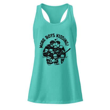 More Boys Kissing Racerback Tank Top by Spinsterly Co in Tahiti Blue with soft breathable jersey fabric