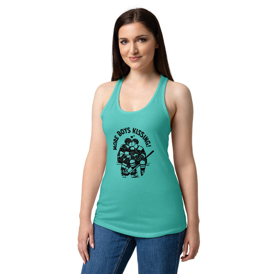 More Boys Kissing Racerback Tank Top by Spinsterly Co in Cancun blue with soft breathable jersey fabric