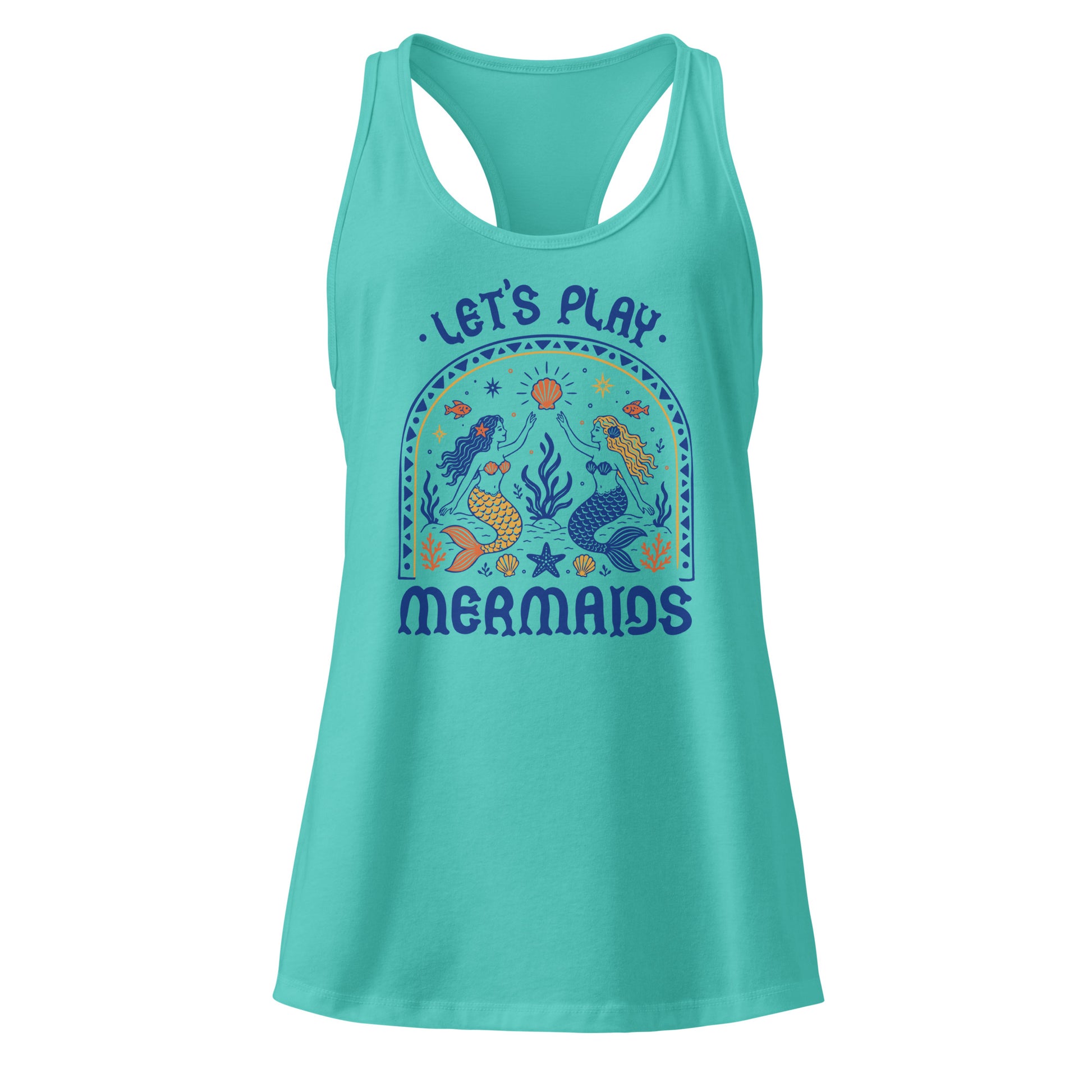 Let's Play Mermaids Racerback Tank Ocean Graphic Summer Tank Top by Spinsterly Co in Tahiti Blue with ocean print