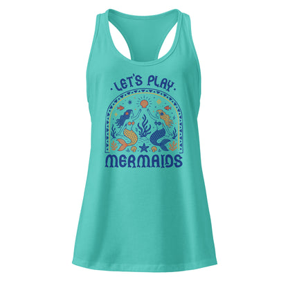 Let's Play Mermaids Racerback Tank Ocean Graphic Summer Tank Top by Spinsterly Co in Tahiti Blue with ocean print