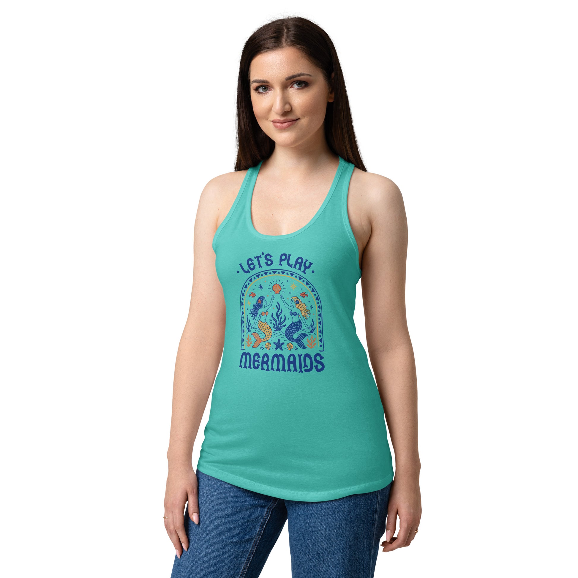 Let's Play Mermaids Racerback Tank Ocean Graphic Summer Tank Top by Spinsterly Co in Tahiti Blue with soft jersey